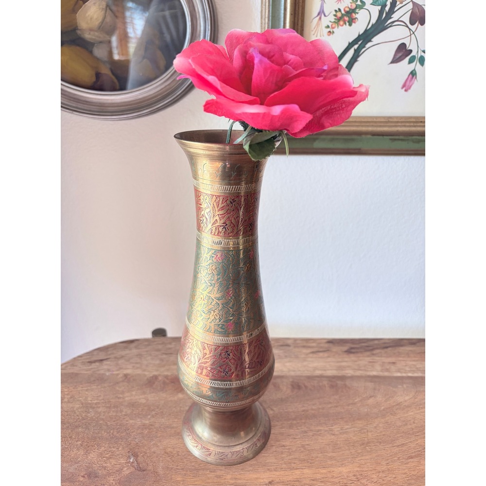 Vintage Etched Brass‎ Trumpet Vase Red Green Enamel Floral Design India 10in